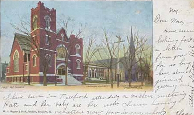 card postmarked 1906 showing First ME Church