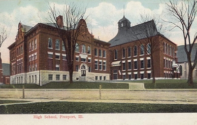 card postmarked 1907 showing Freeport High School