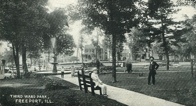 card postmarked 1908 showing Third Ward Park and some early Freeport citizens