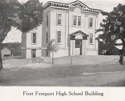 The first Freeport High School Building. This drawing was adapted from a photo taken in 1850, and is the oldest known photograph taken in Freeport.
